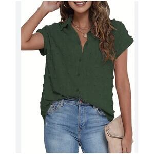 Women’s Green Boho Short Sleeve Botton Down Shirt Blouse  Top size M